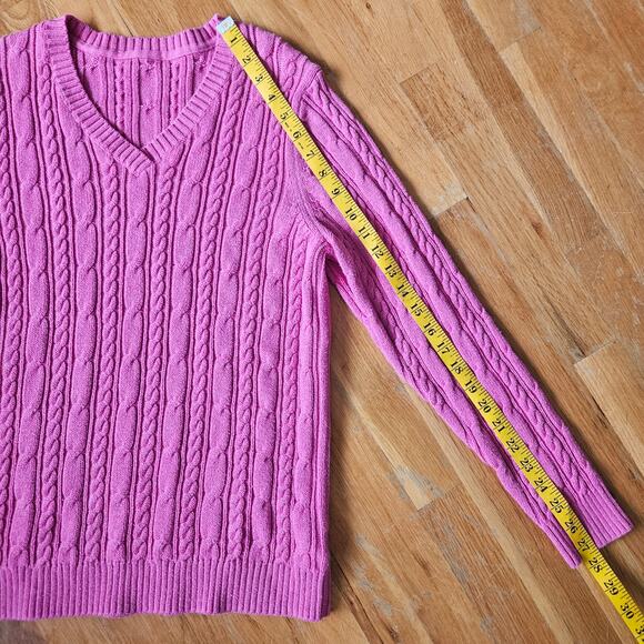 Womens Pink Cable Knit Cotton Sweater Size Medium V Neck Pullover Classic Preppy - Picture 5 of 8